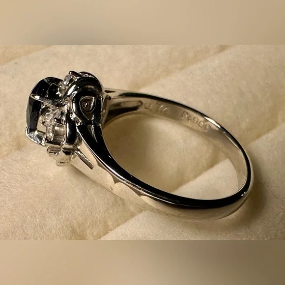 Platinum Natural Blue Sapphire & Diamond Jewelry Women Engagement Ring Size 4.9